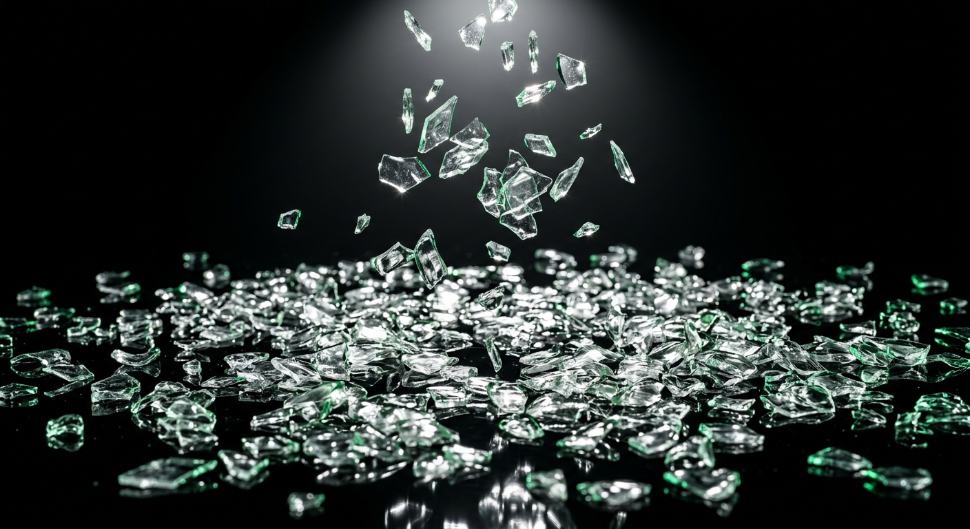 Crystal clear recycled PET flakes under studio spotlight